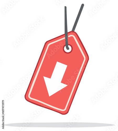 Red Price Tag with Down Arrow Promotion Symbol Sale Icon Discount Concept