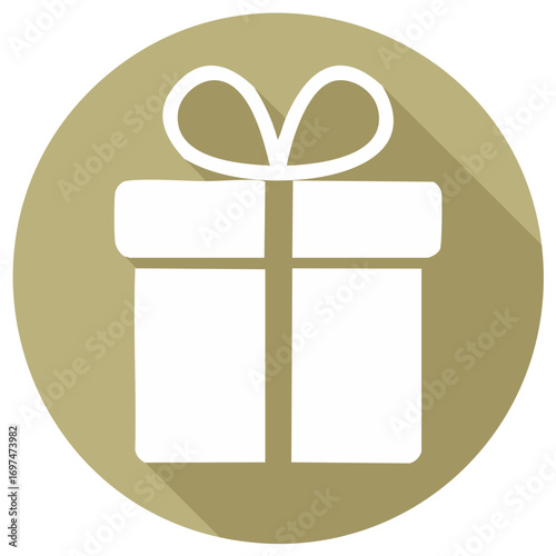 Gift box icon, white present with ribbon, round golden design element, celebration or surprise symbol with shadow