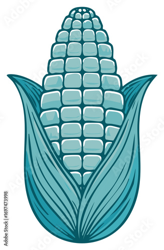 Stylized corn illustration with turquoise colors, showing the vegetable in detail.