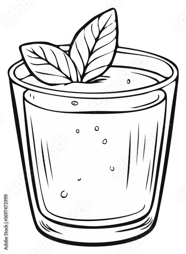 Refreshing drink in a glass with mint leaves and bubbles outline drawing vector illustration