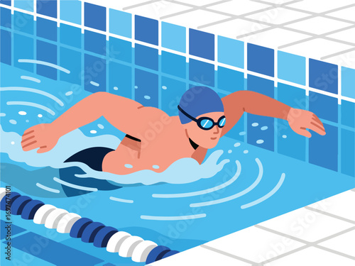 Flat Design of Swimmer Performing Butterfly Stroke - Flat 2D Vector Illustration