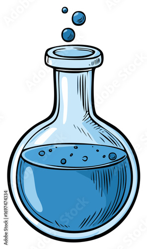 Cartoon scientific flask with bubbling blue liquid chemical experiment