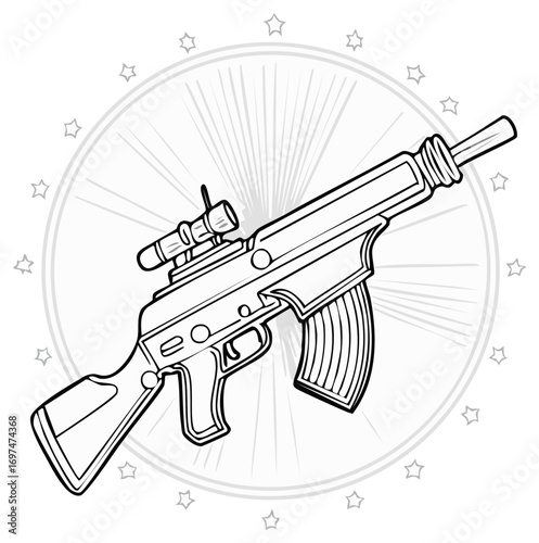 Stylized Assault Rifle Illustration with Scope Design on Starburst Background for Decorative Purposes