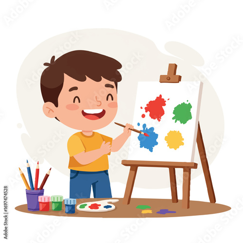 A cheerful child is happily painting on an easel, surrounded by vibrant paint splatters and art supplies on a table, depicted as a clean 2D flat vector illustration on a bright white background.