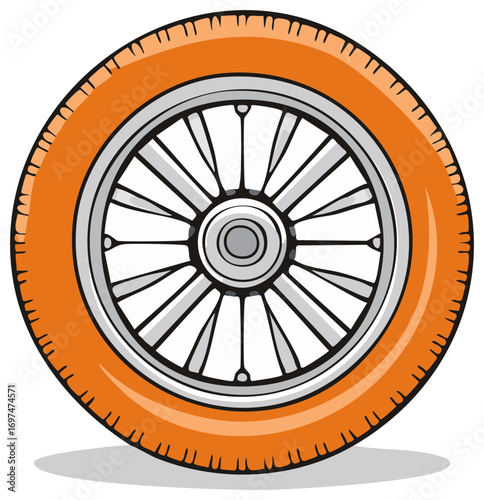 Orange Tire Illustration with Spokes, Silver Rim, for Vehicles, Transportation and Car Service Concepts