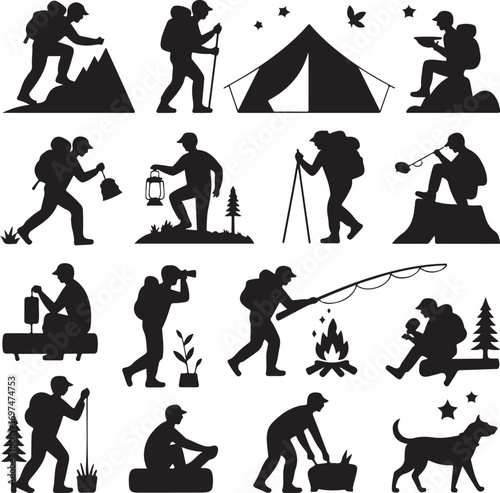 Silhouette Collection Of Hikers Camping And Fishing With Tent And Campfire Keywords: hiking