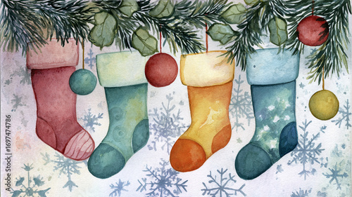 Brightly colored Christmas stockings are hanging from the edge of a wreath made of evergreen branches, with snowflakes and decorative patterns in the background