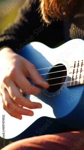 footage vertical video, Close-up of a hand strumming a ukulele