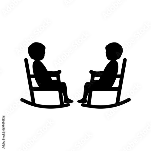 Two silhouetted figures sitting in rocking chairs facing each other in conversation