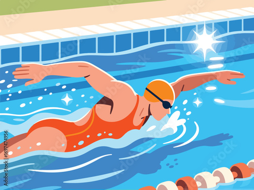 Flat Design of Swimmer Performing Butterfly Stroke - Flat 2D Vector Illustration