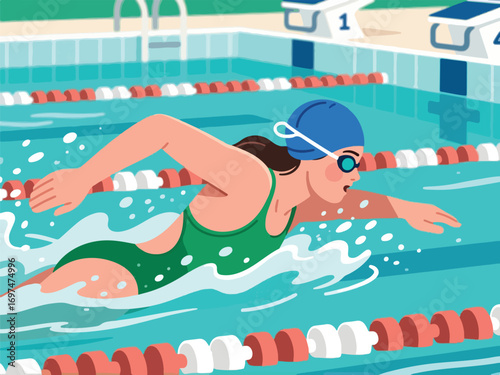 Flat Design of Swimmer in Swimming Competition - Flat 2D Vector Illustration