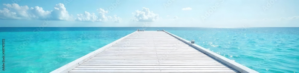 Obraz premium A pristine white pier stretches out over calm, blue water, bathed in sunlight The wooden planks gleam, reflecting the sky Perfect for travel, summer, coastal, and vacation themes , planks, sky