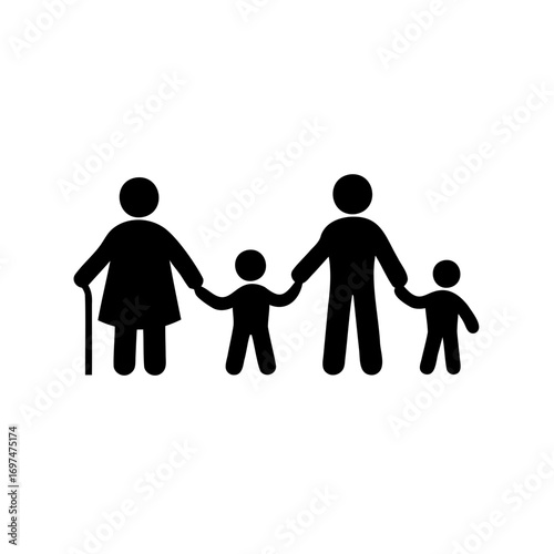 Family portrait showing a grandmother, father, and two children, a happy scene