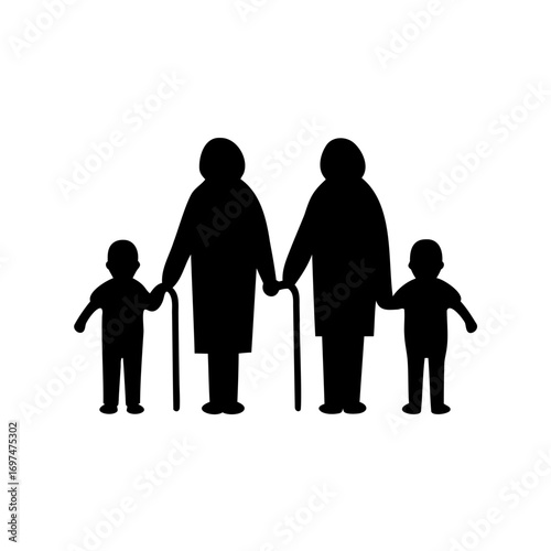 A graphic illustration representing a family portrait of two grand parents and grandchildren