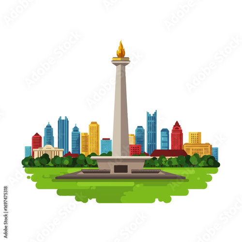 Flat vector illustration of Jakarta, Indonesia, featuring the National Monument (Monas) with a city skyline backdrop and green park.