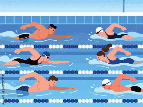 Flat Design of Swimmers Training Together in Pool - Flat 2D Vector Illustration
