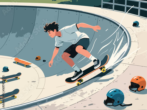 Flat Design of Skateboarder Riding in Skate Bowl - Flat 2D Vector Illustration
