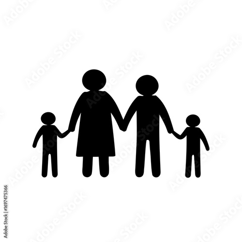 Silhouette illustration of a family of four holding hands on white background