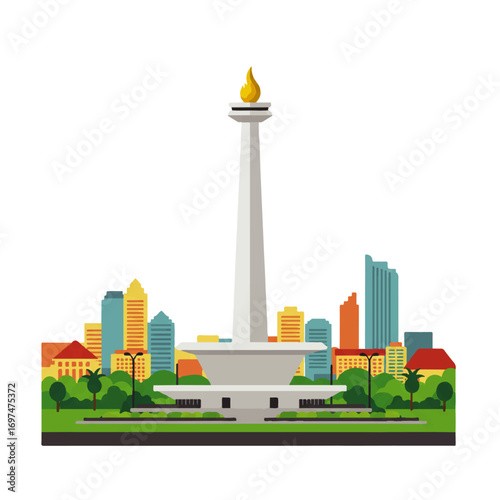 Illustration of the National Monument in Jakarta, Indonesia, surrounded by city buildings and green spaces, in a flat, colorful style.