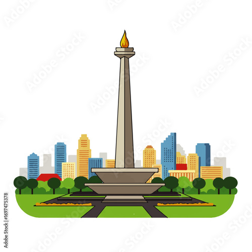 Vector illustration of the National Monument (Monas) in Jakarta, Indonesia, with a cityscape backdrop and green parkland in the foreground.