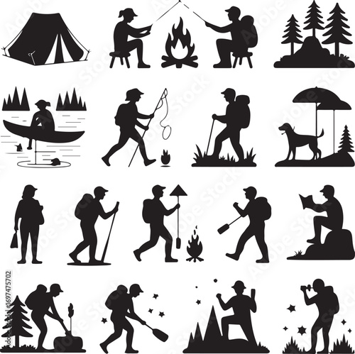 Silhouette Collection Of Campers Hikers And Fishermen With Tent And Canoe Keywords: camping, hiking