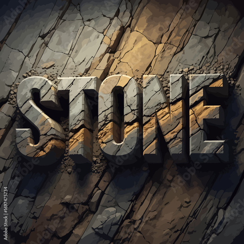 3D Stone Text on a Textured Rock Surface with Natural Light Highlights and Shadows