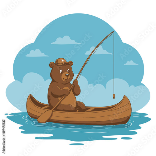 A cartoon bear wearing a cap fishing from a canoe in a serene lake under a blue sky with clouds
