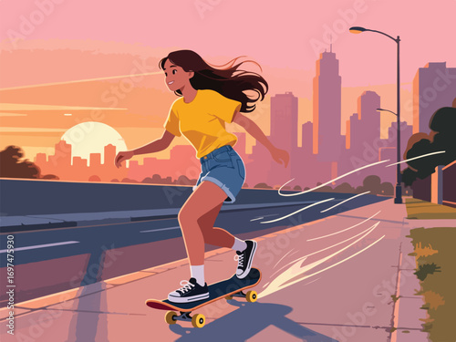 Flat Design of Skateboarder Riding on City Sidewalk at Sunset - Flat 2D Vector Illustration