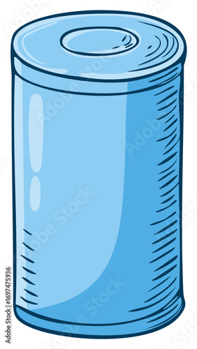 A blue cartoon can container illustration for food preservation and storage.