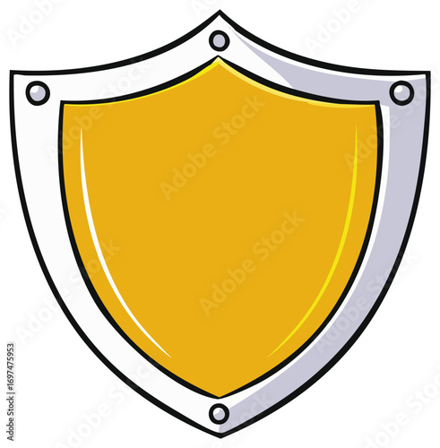 Cartoon shield illustration with a gold filling and decorative border.