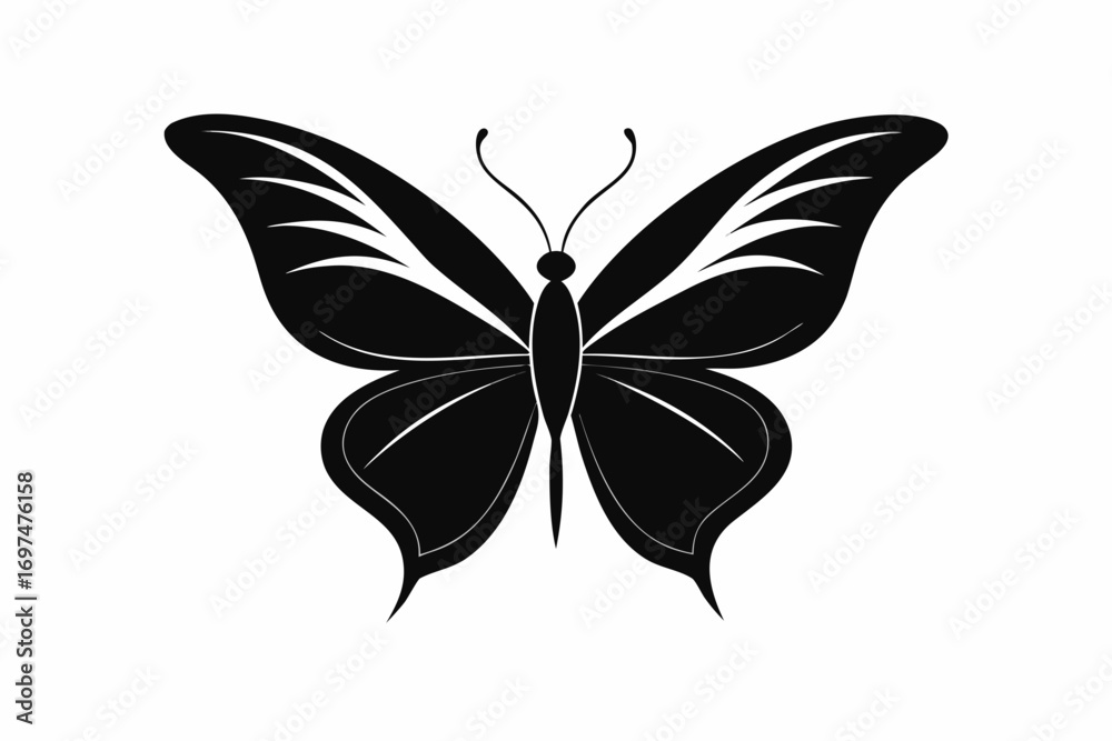 Fototapeta premium Black butterfly silhouette vector on white background with wings and nature elements