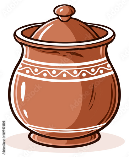 Clay pot with decorative white bands and lid