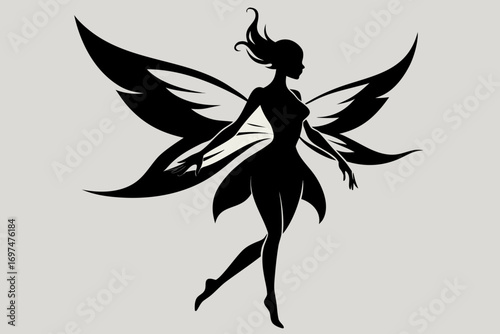 Fairy girl silhouette with wings vector illustration with floral and nature elements