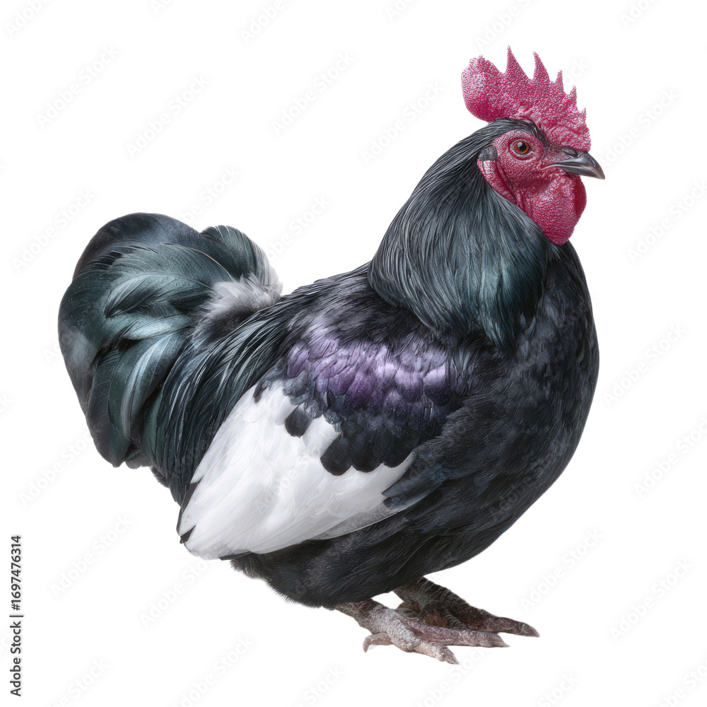 Fototapeta premium A detailed studio portrait of a black and white rooster with a red comb isolated on a transparent background