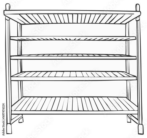 Hand Drawn Wooden Shelving Unit with Four Tiers for Storage and Organization