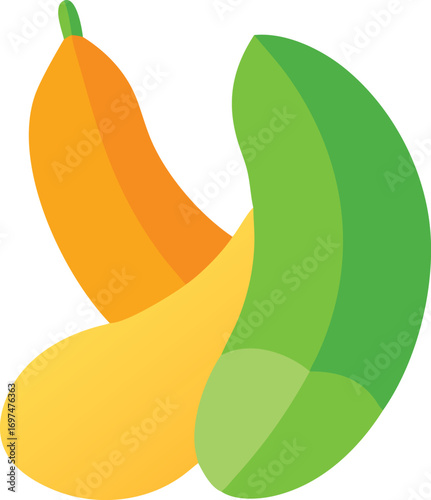 Geometric vector icon of bottle gourd and french bean merged, bold colorful flat design, top view.