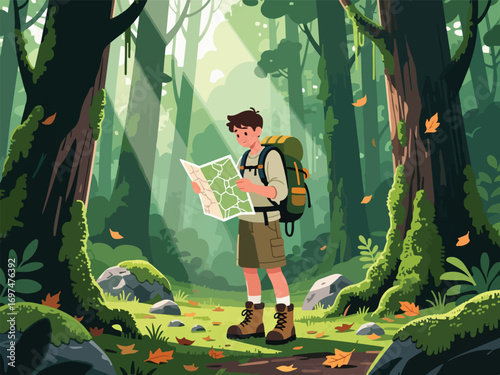 Flat Design of Adventurer Navigating Dense Forest with Map - Flat 2D Vector Illustration