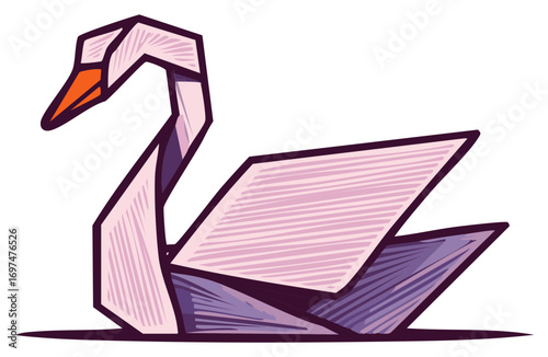 Origami swan illustration, geometric design, paper art