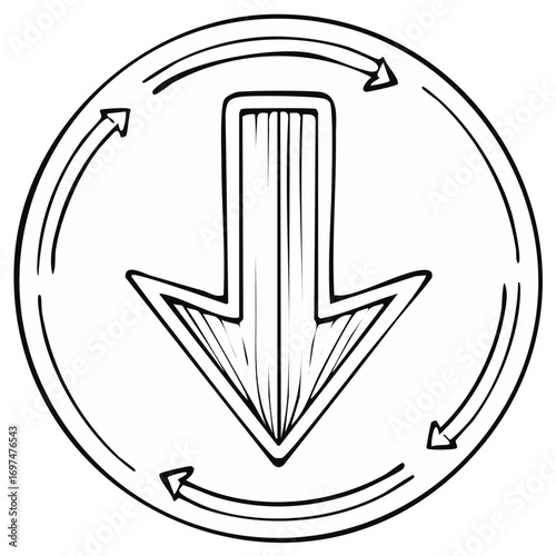 Hand-drawn downward arrow inside a circle with circular refresh arrows in black and white line art