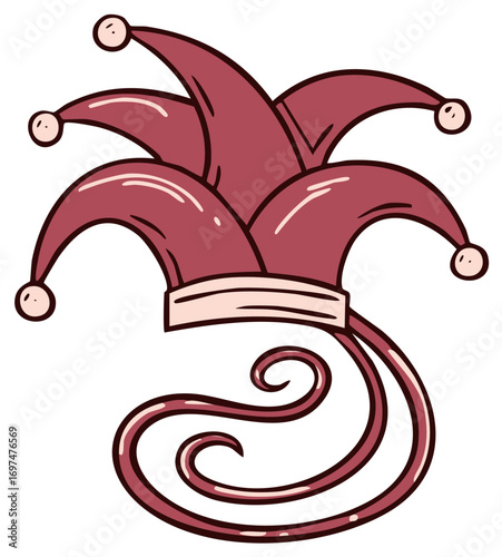 Red Jester Hat with Curly Tails and Bells