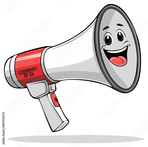 Cartoon smiling megaphone with happy face and red details, cartoon illustration