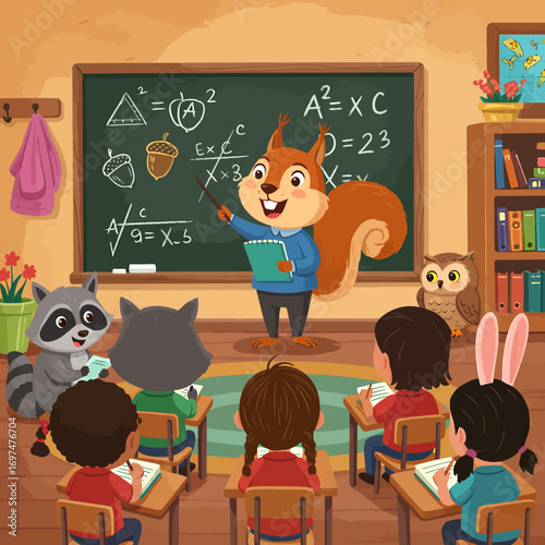 A cheerful squirrel teaches math in a colorful classroom filled with attentive animal students