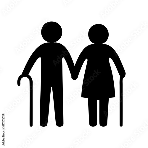 Elderly couple icon holding hands and using walking cane for support