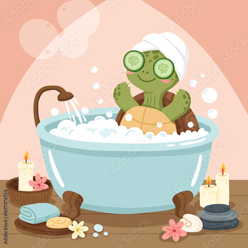 A cheerful turtle enjoying a relaxing bath with bubbles, candles, and spa accessories in a cozy setting