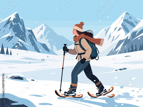 Flat Design of Adventurer Trekking Across Snowy Mountain Landscape - Flat 2D Vector Illustration