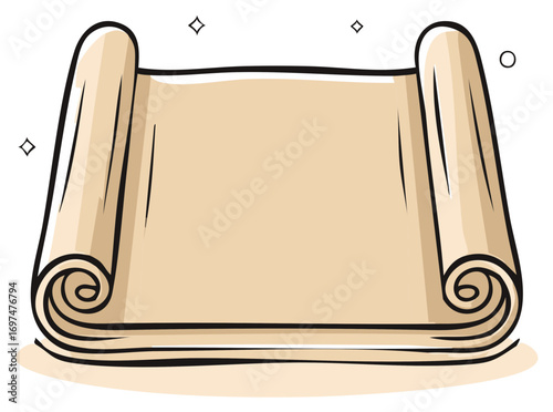 Old unrolled blank scroll parchment paper cartoon illustration doodle drawing with sparkling accents empty space for text message