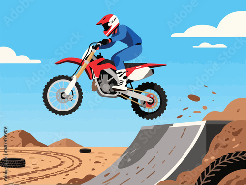 Flat Design of Motocross Rider Jumping Off Ramp - Flat 2D Vector Illustration
