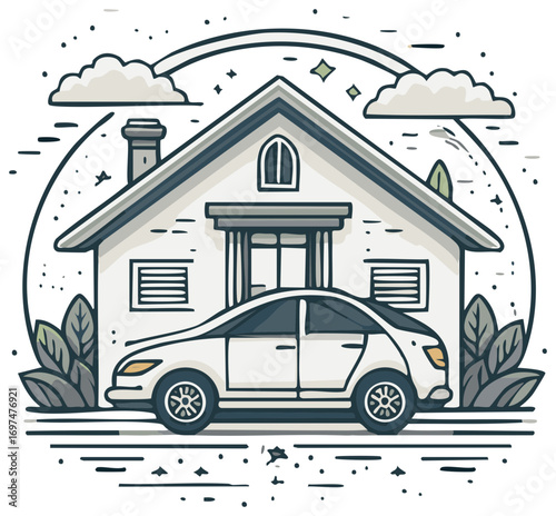 Modern house and sedan parked in front with stylized clouds and stars