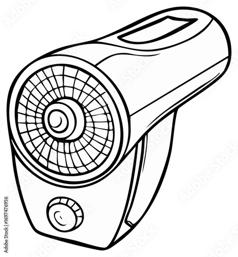 Line art illustration of an electric hair dryer, styling equipment, beauty concept.
