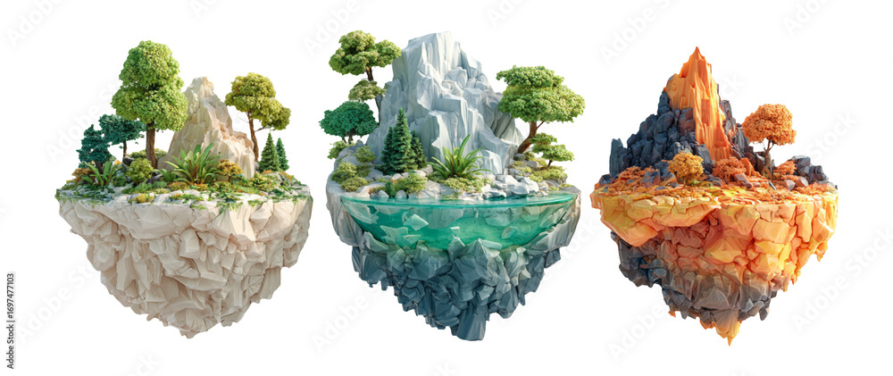 Obraz premium Three Vibrant Floating Islands in a Surreal Landscape Scene